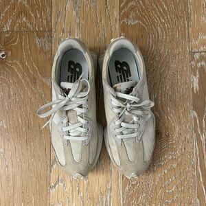 New Balance 327 khaki and white shoes